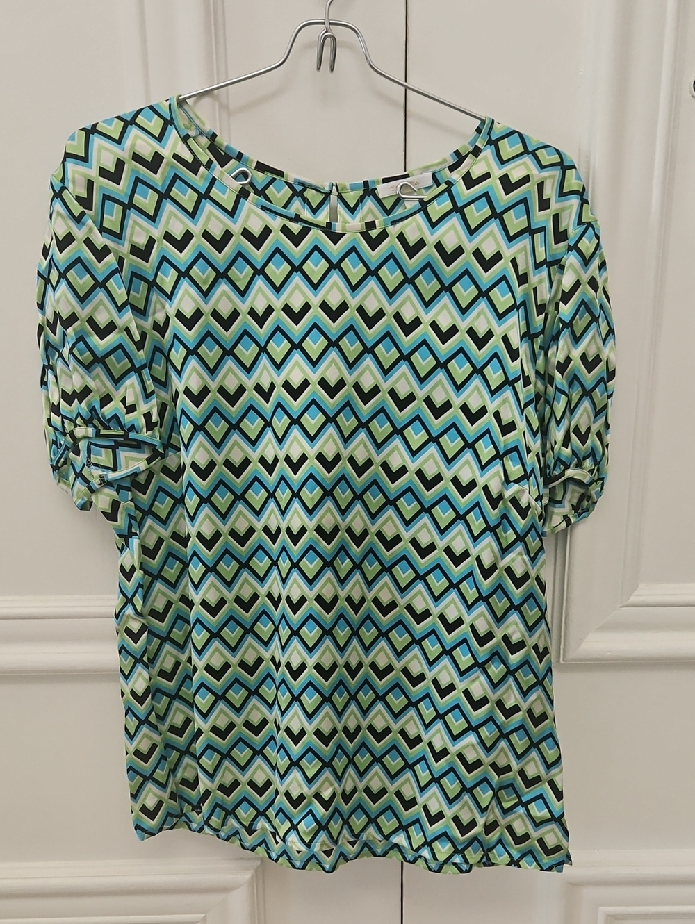 Esacada - Women's Geometric Print Short Sleeve Top - Blue & Green - EU 40